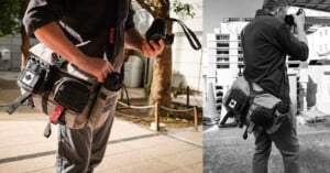 A man holding a camera wears a crossbody camera bag with multiple pouches and accessories attached, standing outdoors in both color and black-and-white images.
