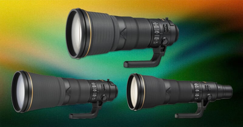 Three large telephoto camera lenses with tripod mounts are displayed against a colorful gradient background blending orange, green, and blue shades.