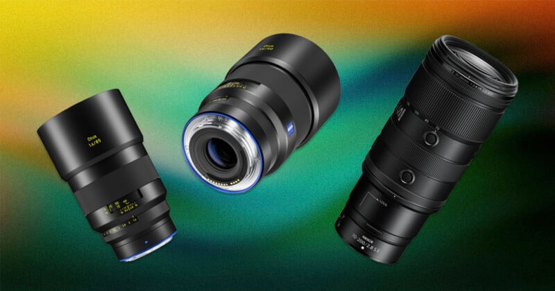 Three camera lenses are displayed against a colorful, gradient background. The lenses vary in size and design, shown at different angles, highlighting their glass elements and markings.