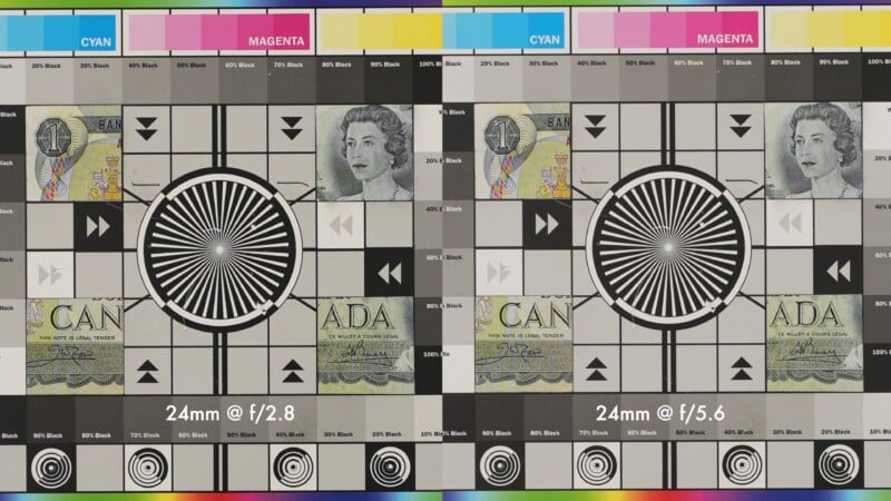 Side-by-side comparison of two camera test charts at 24mm focal length, one at f/2.8 and the other at f/5.6, with color strips, grayscale, resolution patterns, and parts of a banknote.