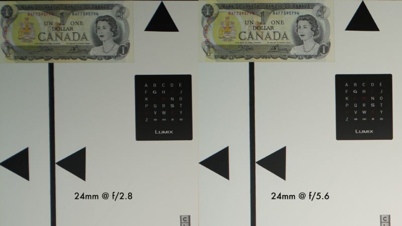 Two side-by-side photos show a Canadian dollar bill and test charts at 24mm focal length; the left is labeled "f/2.8" and the right "f/5.6," comparing image sharpness and exposure at different apertures.