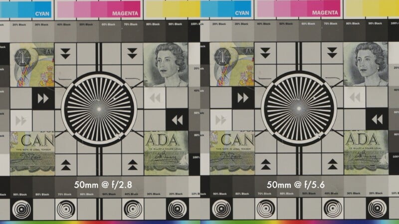 Side-by-side comparison of two test chart photos taken at 50mm focal length, one at f/2.8 (left) and one at f/5.6 (right), featuring detailed patterns, colors, and a banknote image.