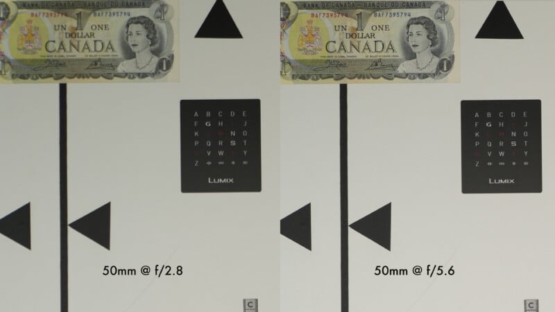 Side-by-side comparison of a Canadian one dollar bill and test chart photographed at 50mm with f/2.8 (left) and f/5.6 (right), showing differences in sharpness and depth of field.