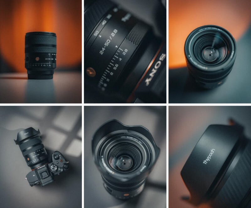 A collage of six close-up photos shows a Sony camera with a 24-50mm lens, highlighting different angles and details of the camera, lens, lens glass, and a lens hood, all against a soft orange and gray background.