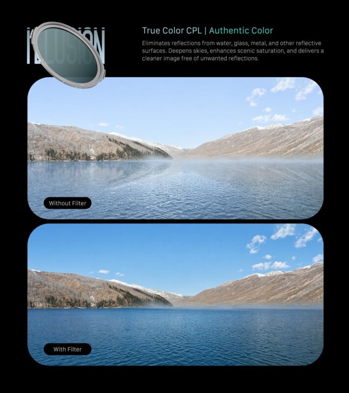 A comparison of two landscape photos of a lake and mountains; the top photo, labeled "Without Filter," has glare on the water, while the bottom photo, labeled "With Filter," shows clearer water and more vivid colors.