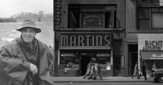 Black-and-white photo collage: on the left, a smiling man in a raincoat sits outdoors near water; on the right, people walk past a busy city street featuring the storefront of “Martins Restaurant Television.”.