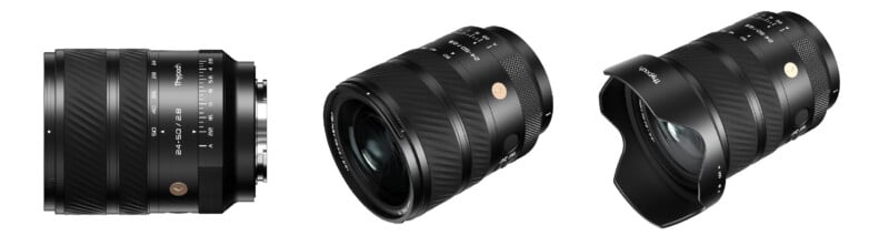 Three angles of the Thypoch Voyager 24–50mm f/2.8 lens showing its compact design and internal zoom construction