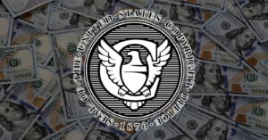 The black-and-white seal of the United States Copyright Office appears overlaid on a background of scattered 100-dollar bills. The seal features an eagle and the text “Seal of the United States Copyright Office 1870.”.