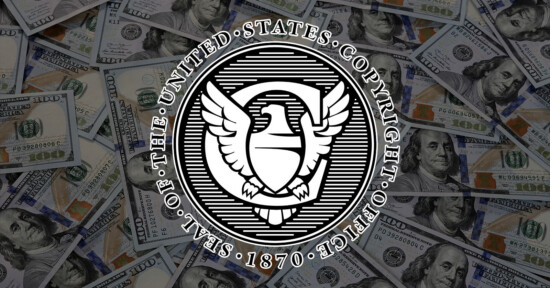 The black-and-white seal of the United States Copyright Office appears overlaid on a background of scattered 100-dollar bills. The seal features an eagle and the text “Seal of the United States Copyright Office 1870.”.