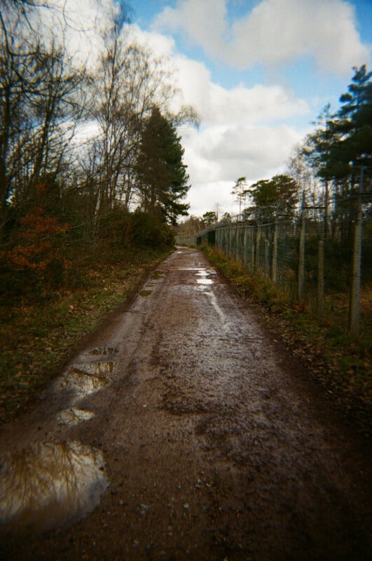 A muddy dirt path with puddles runs between trees on the left and a wire fence on the right, under a partly cloudy sky.