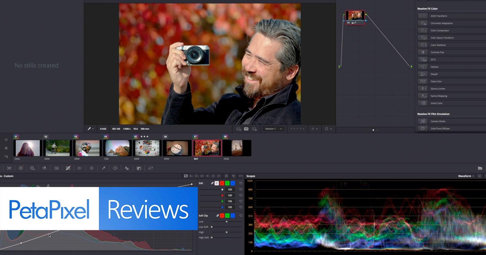 A video editing software interface shows a man holding a camera in the preview window, filmstrip thumbnails below, color grading tools on the right, waveform monitor at the bottom, and a "PetaPixel Reviews" title on the timeline.
