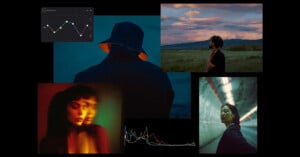 A collage of moody, artistic portraits: a person in a dark coat and bucket hat, a person in a field at sunset, a woman in a tunnel, a blurred double-exposed woman, plus two graphs overlayed on the images.