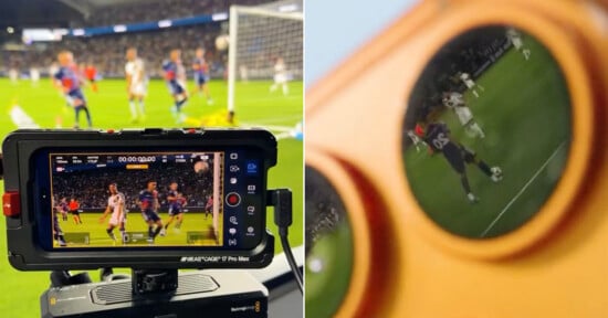 A close-up of a camera screen showing a soccer match near the goal, with players in action. Next to it, a reflection of the match can be seen through the lens of binoculars.