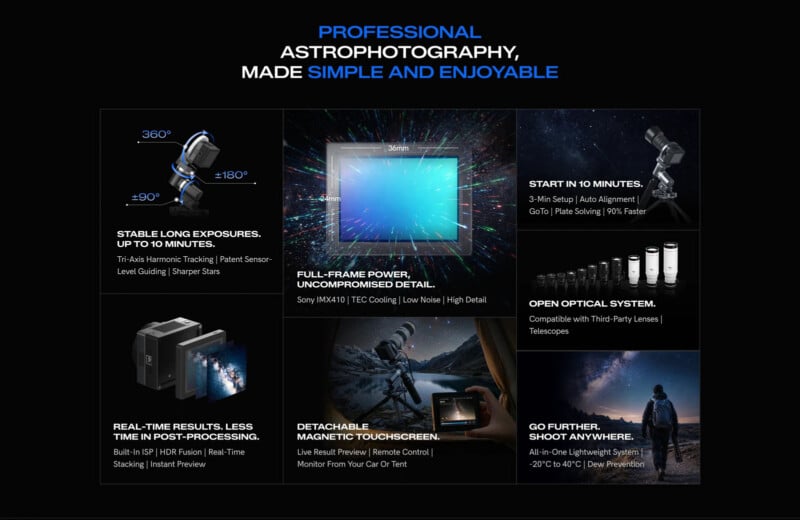 A promotional graphic highlights features of astrophotography equipment, including stable long exposures, a full-frame sensor, real-time results, a detachable touchscreen, quick setup, open optical system, and all-weather shooting.