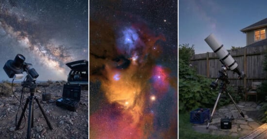 Three-panel image: left, a telescope and camera setup under a starry sky; center, a colorful nebula in deep space; right, a large telescope sits in a backyard at dusk, pointed toward the evening sky.