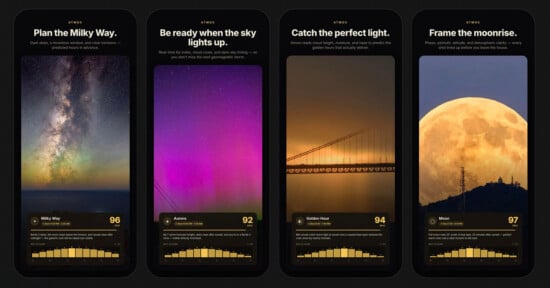 Four smartphone screens display an astronomy app showing forecasts for the Milky Way, aurora, golden hour, and moonrise, each with vivid background images and forecast ratings at the bottom.