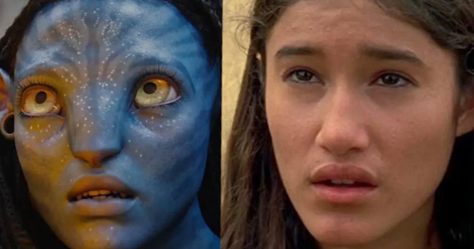 Side-by-side images show a blue-skinned, yellow-eyed character with white facial markings next to a young woman with long dark hair and natural features.
