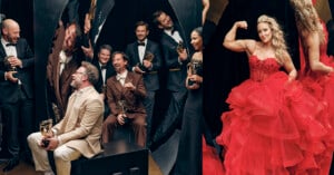 A group of people in formal attire laugh and hold gold trophies on the left, while a woman in a dramatic red gown flexes her arm and smiles confidently on the right.