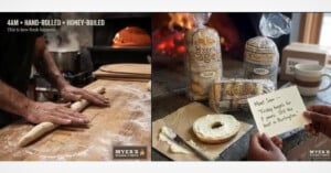 Left: Hands rolling dough on a floured wooden surface near a wood-fired oven. Right: Open sesame bagel with cream cheese, bagged bagels, a mug, and a note introducing "Sam," Burlington bagel baker.