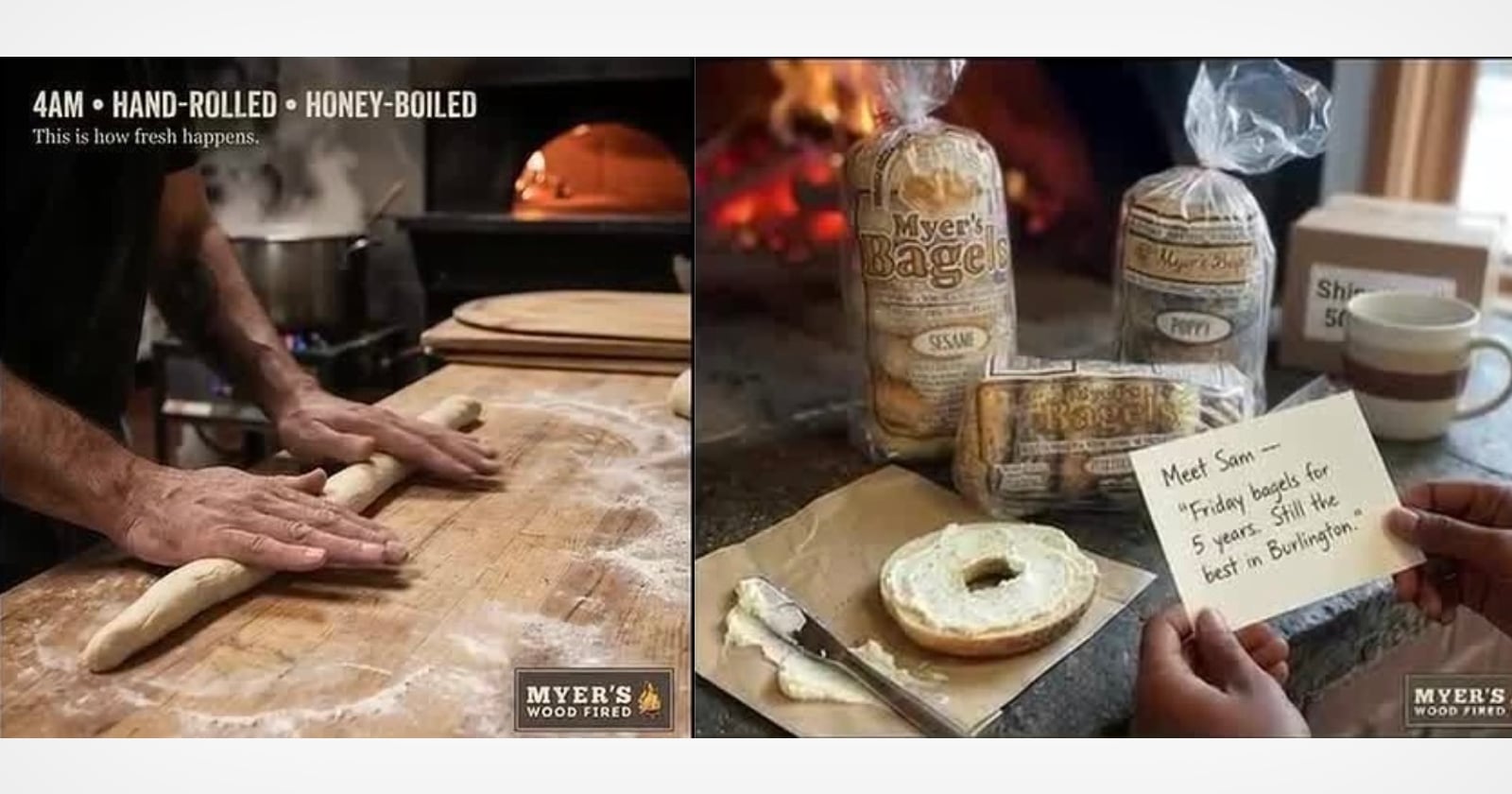 Left: Hands rolling dough on a floured wooden surface near a wood-fired oven. Right: Open sesame bagel with cream cheese, bagged bagels, a mug, and a note introducing "Sam," Burlington bagel baker.