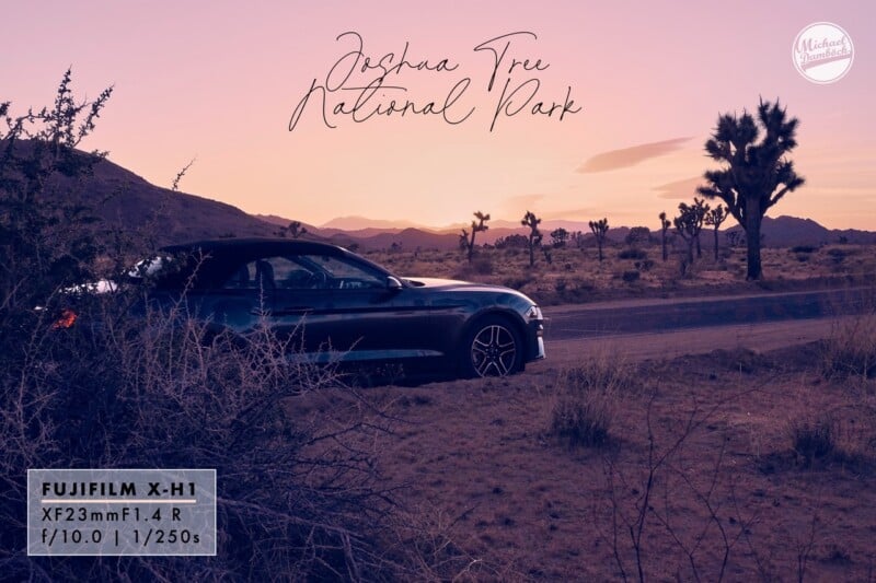 A convertible car parked along a road at sunset in Joshua Tree National Park, with desert plants and Joshua trees silhouetted against a purple-orange sky. Text overlay includes photography details and location name.