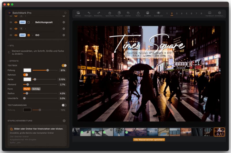 A photo editing software interface shows a nighttime city scene with people crossing a wet street under umbrellas. Editing tools and sliders are visible on the left, and "Times Square" text overlays the center of the image.