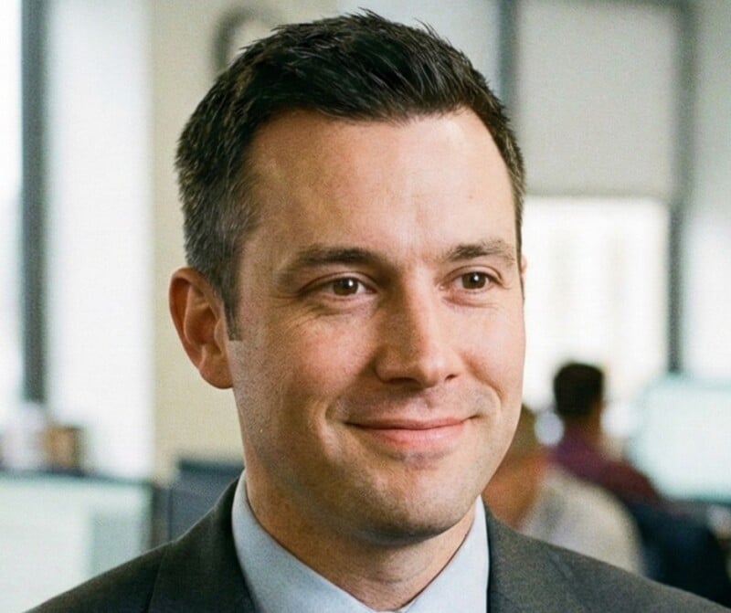 A man in a suit and tie smiles in an office setting with blurred colleagues and computer screens in the background.