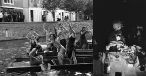 A split image: on the left, a lively group of people in dresses and suits celebrate on boats in a canal; on the right, a man in a tuxedo sits at a candlelit table with wine and flowers, looking serious.