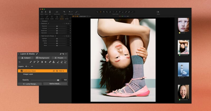A computer screen displays a photo editing software with an image of a woman posed with her leg over her shoulder. Editing panels are visible on the left, and a sidebar shows image thumbnails on the right.