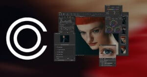 A white circular logo on the left, with several digital photo editing tool panels and windows—showing adjustments, color wheels, and close-ups of faces—overlaid on a blurred red and black background.