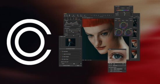 A white circular logo on the left, with several digital photo editing tool panels and windows—showing adjustments, color wheels, and close-ups of faces—overlaid on a blurred red and black background.