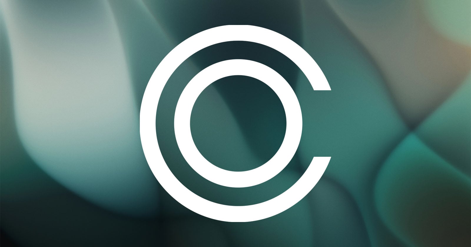 A bold white copyright symbol centered on a soft, abstract background in shades of teal, green, and gray.