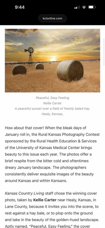 A peaceful rural Kansas landscape with large, round hay bales scattered across a golden field under a pale blue sky; the scene evokes a calm and easy feeling.