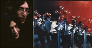 A dark portrait of a man and woman on the left, with the man wearing round glasses. On the right, stylized figures in white shirts and goggles hold cameras, with photographs flying in the air against a red background.