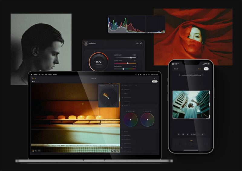 A digital collage showing photo editing software on a laptop and smartphone, surrounded by edited portraits, color grading tools, and adjustment graphs on a black background.