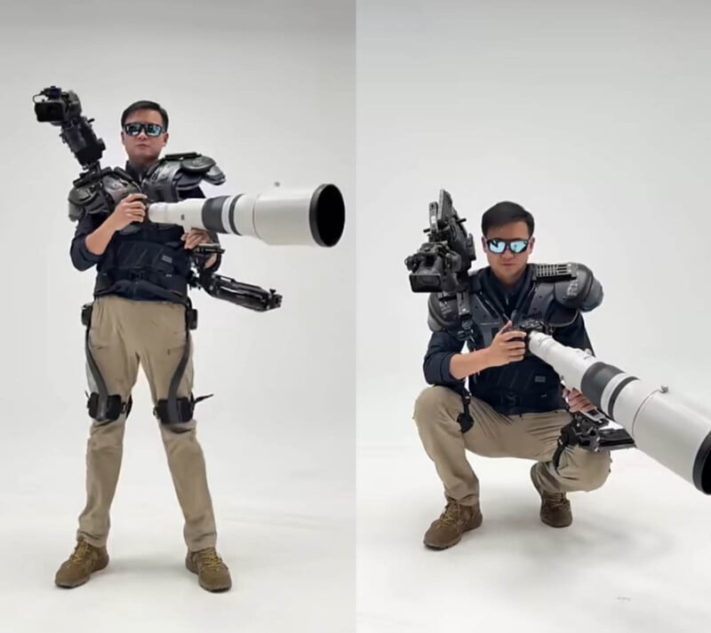 A man wearing sunglasses and a mechanical exoskeleton holds an oversized camera lens. He stands in one image and crouches in the other, both against a plain white background.