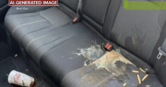 A car’s backseat is stained with spilled food and drink, including a tipped-over cup, scattered French fries, and a large messy liquid spill on the seat upholstery.