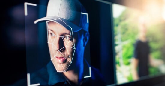 A man wearing a cap is looking to the side, with a digital facial recognition overlay mapping his face. Another blurred image is visible in the background, suggesting surveillance or security technology.