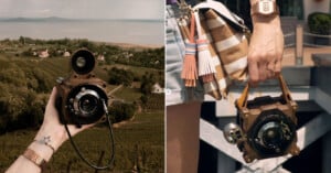 Left: A hand holds a vintage box camera with a viewfinder against a scenic landscape of green fields and a lake. Right: A person holds the same camera as a handbag, wearing a smart watch and carrying a patterned purse.