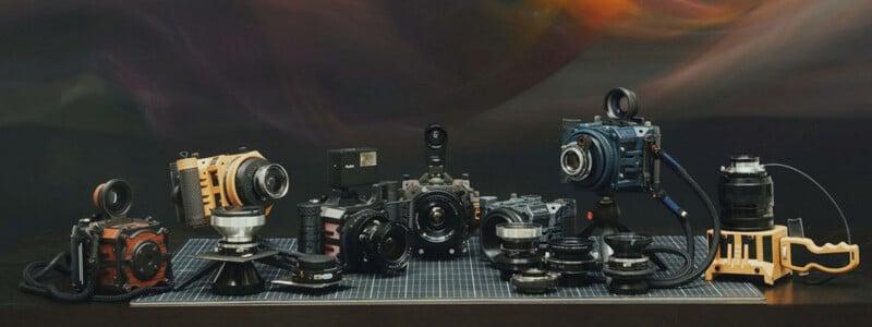 A variety of vintage and modern cameras and camera accessories are arranged in a row on a table with a grid mat, set against a dark, swirling background.