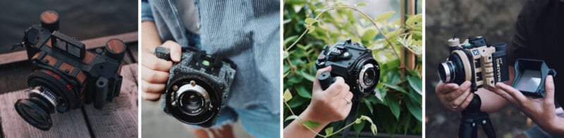 Four photos show hands holding or using unique, custom-built cameras outdoors, with different designs and accessories, including vintage and modern elements, against backgrounds of wood, greenery, and blurred outdoor scenes.