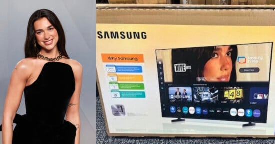 A woman in a black dress smiles at the camera on the left, while on the right, a Samsung TV box displays a screen with her image and various streaming apps.