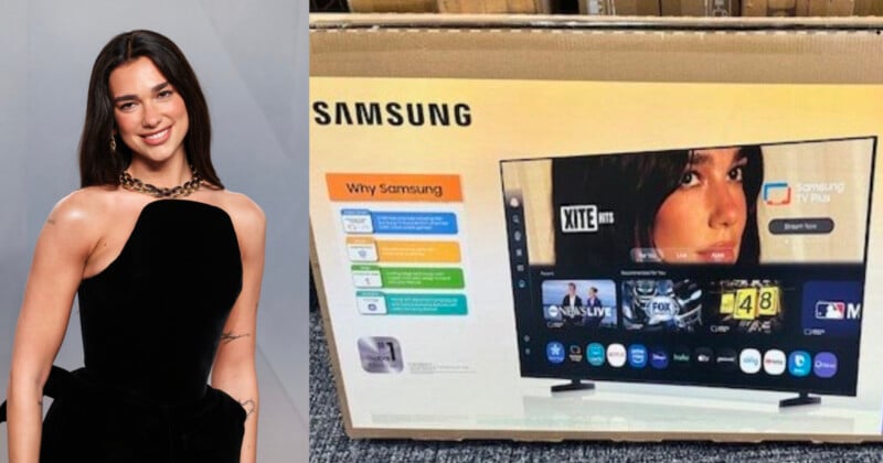A woman in a black dress smiles at the camera on the left, while on the right, a Samsung TV box displays a screen with her image and various streaming apps.