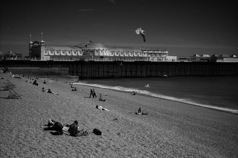 People relax on a pebble beach under a clear sky, with a large pier and domed pavilion in the background. A seagull flies overhead above the water. The image is in black and white.