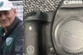 Split image: On the left, an older man in a white cap and green sports jacket smiles at the camera. On the right, a close-up of a Canon DSLR camera with the lens cap on against a textured background.