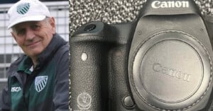 Split image: On the left, an older man in a white cap and green sports jacket smiles at the camera. On the right, a close-up of a Canon DSLR camera with the lens cap on against a textured background.