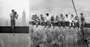 A black-and-white photo shows a photographer standing on a steel beam with a camera, and a group of construction workers sitting on a beam, eating lunch above New York City. The Empire State Building is visible in the background.