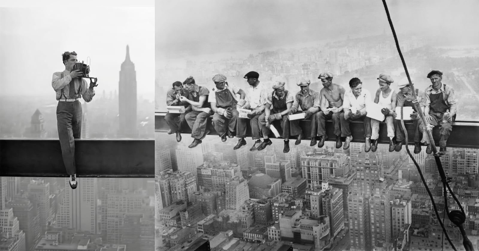 A black-and-white photo shows a photographer standing on a steel beam with a camera, and a group of construction workers sitting on a beam, eating lunch above New York City. The Empire State Building is visible in the background.