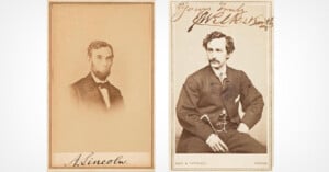 Two vintage sepia portraits: on the left, a bearded man in a suit with "A. Lincoln" signed below; on the right, a seated man in a suit with a handwritten signature above his portrait.