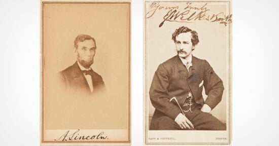 Two vintage sepia portraits: on the left, a bearded man in a suit with "A. Lincoln" signed below; on the right, a seated man in a suit with a handwritten signature above his portrait.